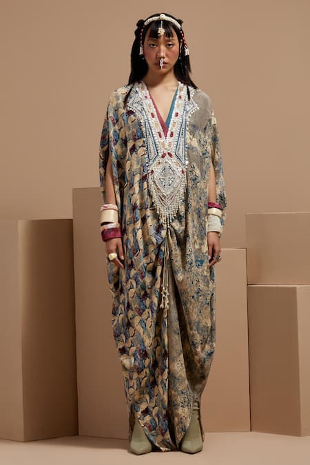 Aseem Kapoor_Multi Color Crepe Beads, Tassels V-neck Vayu Jumpsuit With Work _Online_at_Aza_Fashions