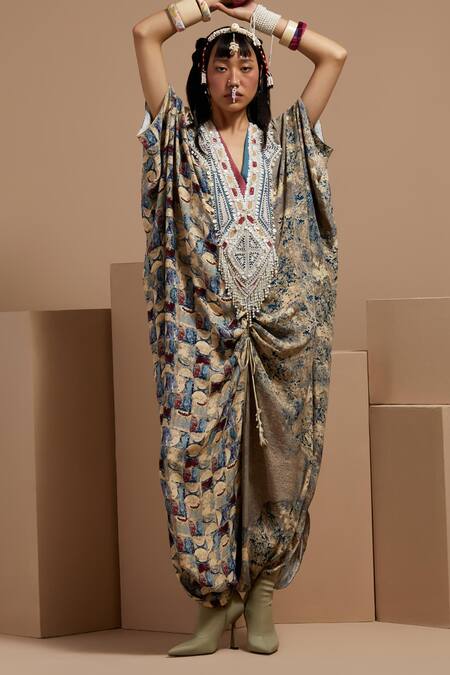 Buy_Aseem Kapoor_Multi Color Crepe Beads, Tassels V-neck Vayu Jumpsuit With Work _Online_at_Aza_Fashions