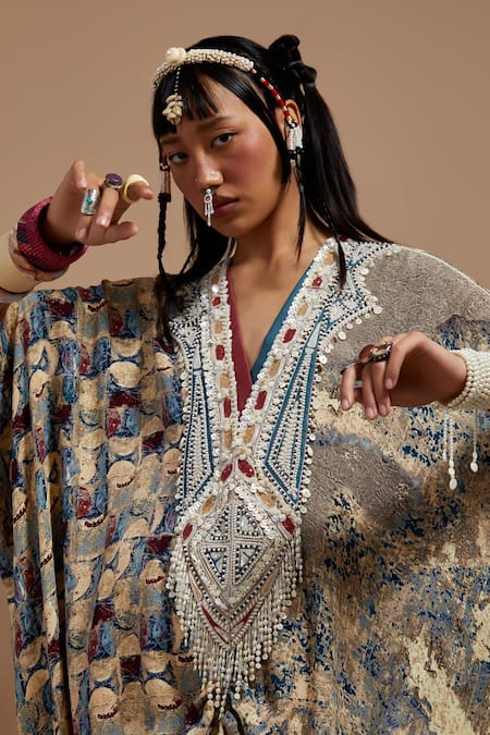 Buy_Aseem Kapoor_Multi Color Crepe Beads, Tassels V-neck Vayu Jumpsuit With Work 