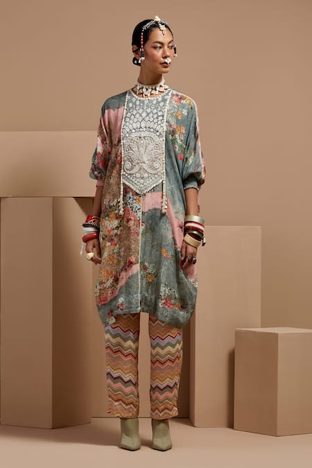 ASEEM KAPOOR Multi Color Beads, Tassels Round Neck Embroidered Tunic And Trouser Set 