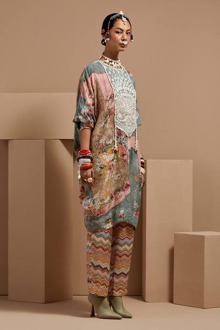 Aseem Kapoor Multi Color Beads, Tassels Round Neck Embroidered Tunic And Trouser Set Online at Aza Fashions Aseem Kapoor_Multi Color Beads, Tassels Round Neck Embroidered Tunic And Trouser Set _Online_at_Aza_Fashions