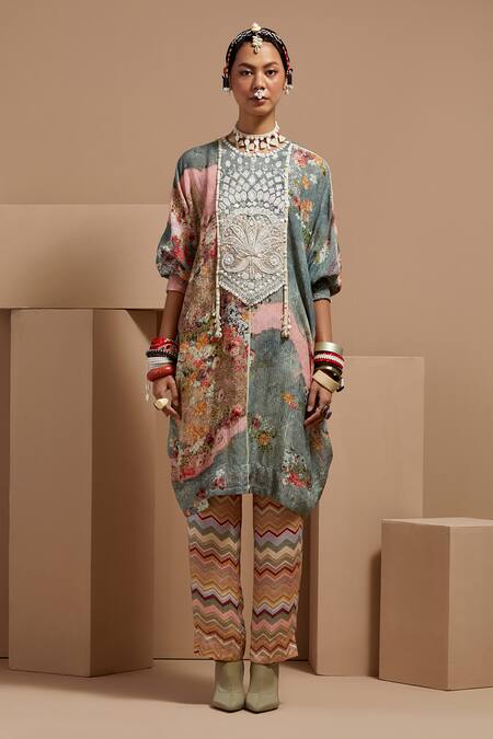 Shop Aseem Kapoor Multi Color Beads, Tassels Round Neck Embroidered Tunic And Trouser Set Online at Aza Fashions Shop_Aseem Kapoor_Multi Color Beads, Tassels Round Neck Embroidered Tunic And Trouser Set _Online_at_Aza_Fashions