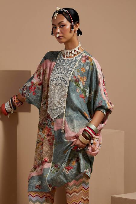 Aseem Kapoor Multi Color Beads, Tassels Round Neck Embroidered Tunic And Trouser Set at Aza Fashions Aseem Kapoor_Multi Color Beads, Tassels Round Neck Embroidered Tunic And Trouser Set _at_Aza_Fashions