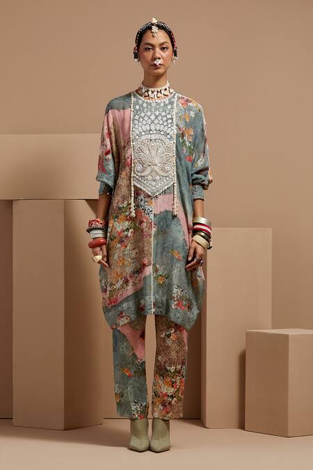 Shop Aseem Kapoor Multi Color Viscose, Cotton, Satin Beads, Floral Embroidered Tunic And Trouser Set Online at Aza Fashions Shop_Aseem Kapoor_Multi Color Viscose, Cotton, Satin Beads, Floral Embroidered Tunic And Trouser Set _Online_at_Aza_Fashions