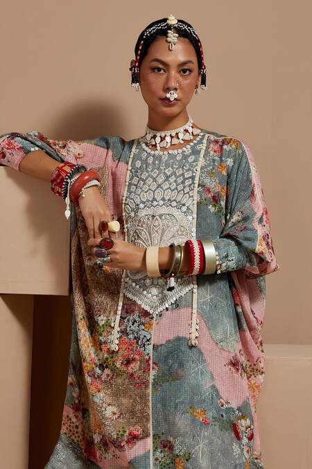 Aseem Kapoor Multi Color Viscose, Cotton, Satin Beads, Floral Embroidered Tunic And Trouser Set at Aza Fashions Aseem Kapoor_Multi Color Viscose, Cotton, Satin Beads, Floral Embroidered Tunic And Trouser Set _at_Aza_Fashions