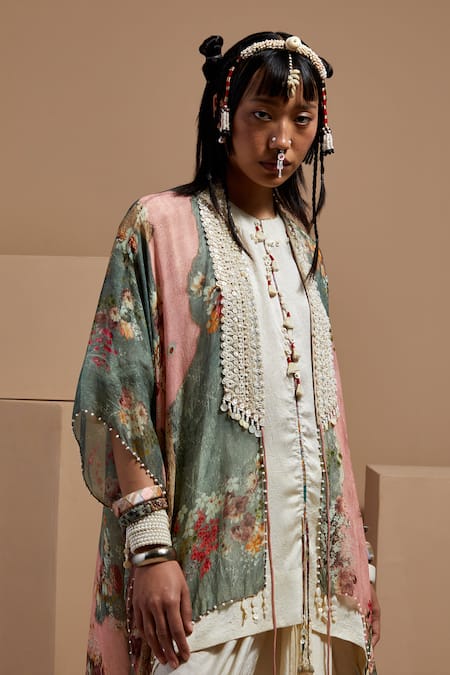ASEEM KAPOOR Multi Color Silk Embroidery, Beads, Tassels Open Neck Resham Jacket 