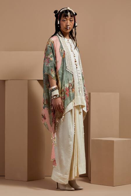 Aseem Kapoor Multi Color Silk, Crepe Tassels, Lace Open Neck Veni Dupatta Jacket Set Online at Aza Fashions Aseem Kapoor_Multi Color Silk, Crepe Tassels, Lace Open Neck Veni Dupatta Jacket Set _Online_at_Aza_Fashions