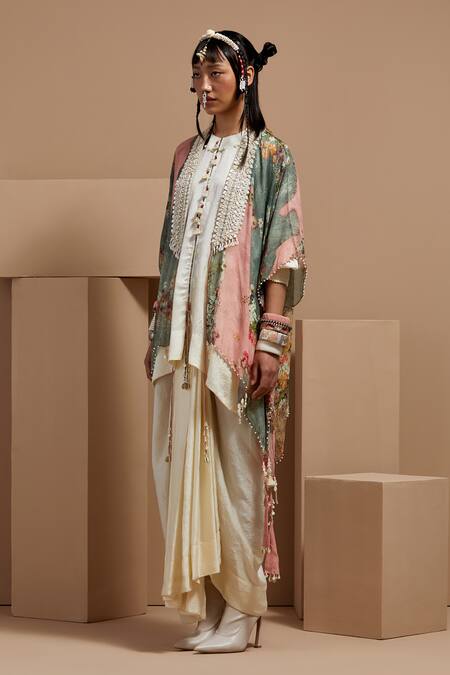 Shop Aseem Kapoor Multi Color Silk, Crepe Tassels, Lace Open Neck Veni Dupatta Jacket Set Online at Aza Fashions Shop_Aseem Kapoor_Multi Color Silk, Crepe Tassels, Lace Open Neck Veni Dupatta Jacket Set _Online_at_Aza_Fashions