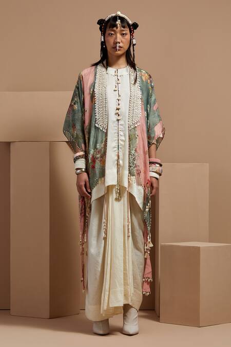 Aseem Kapoor Multi Color Silk, Crepe Tassels, Lace Open Neck Veni Dupatta Jacket Set at Aza Fashions Aseem Kapoor_Multi Color Silk, Crepe Tassels, Lace Open Neck Veni Dupatta Jacket Set _at_Aza_Fashions