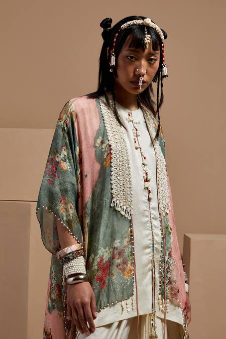 Buy Aseem Kapoor Multi Color Silk, Crepe Tassels, Lace Open Neck Veni Dupatta Jacket Set Buy_Aseem Kapoor_Multi Color Silk, Crepe Tassels, Lace Open Neck Veni Dupatta Jacket Set