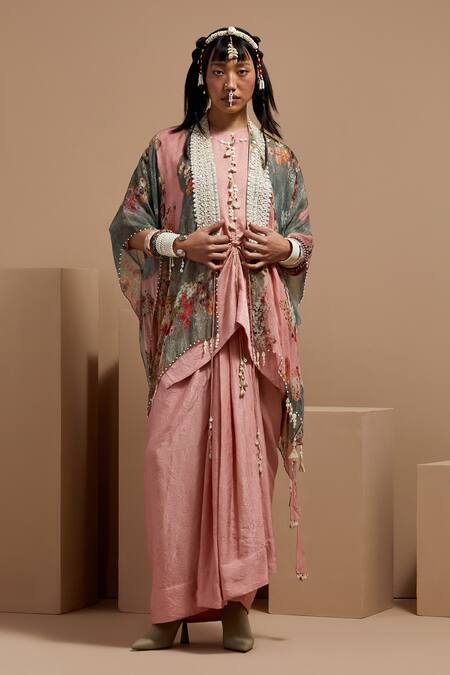 Buy Aseem Kapoor Pink Silk Tassels, Lace Open , Round Veni Dupatta Jacket Set Buy_Aseem Kapoor_Pink Silk Tassels, Lace Open , Round Veni Dupatta Jacket Set