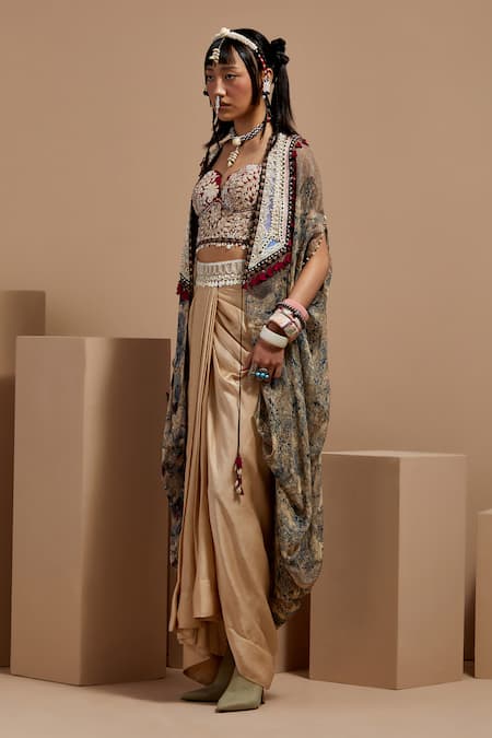 Aseem Kapoor Multi Color Silk, Chiffon Beads, Tassels Open Neck Embroidered Sheer Jacket Online at Aza Fashions Aseem Kapoor_Multi Color Silk, Chiffon Beads, Tassels Open Neck Embroidered Sheer Jacket _Online_at_Aza_Fashions