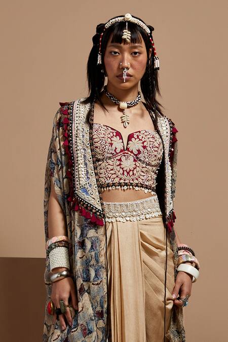 Shop Aseem Kapoor Multi Color Silk, Chiffon Beads, Tassels Open Neck Embroidered Sheer Jacket Online at Aza Fashions Shop_Aseem Kapoor_Multi Color Silk, Chiffon Beads, Tassels Open Neck Embroidered Sheer Jacket _Online_at_Aza_Fashions