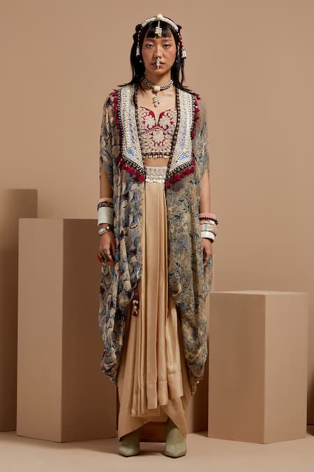 Shop Aseem Kapoor Multi Color Silk, Chiffon Beads, Tassels Open Neck Embroidered Sheer Jacket at Aza Fashions Shop_Aseem Kapoor_Multi Color Silk, Chiffon Beads, Tassels Open Neck Embroidered Sheer Jacket _at_Aza_Fashions