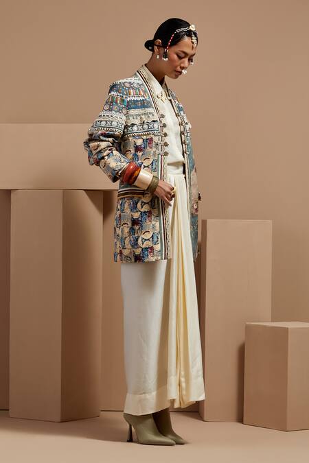 Shop Aseem Kapoor Multi Color Embroidery, Beads Round Neck Open Dhana Jacket Online at Aza Fashions Shop_Aseem Kapoor_Multi Color Embroidery, Beads Round Neck Open Dhana Jacket _Online_at_Aza_Fashions