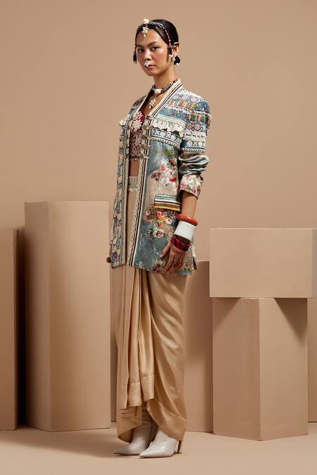 Aseem Kapoor Multi Color Silk, Satin, Denim Beads, Tassels Open Resham Embroidered Jacket Set Online at Aza Fashions Aseem Kapoor_Multi Color Silk, Satin, Denim Beads, Tassels Open Resham Embroidered Jacket Set _Online_at_Aza_Fashions