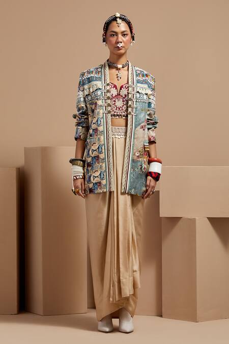 Buy Aseem Kapoor Multi Color Silk, Satin, Denim Beads, Tassels Open Resham Embroidered Jacket Set Online at Aza Fashions Buy_Aseem Kapoor_Multi Color Silk, Satin, Denim Beads, Tassels Open Resham Embroidered Jacket Set _Online_at_Aza_Fashions