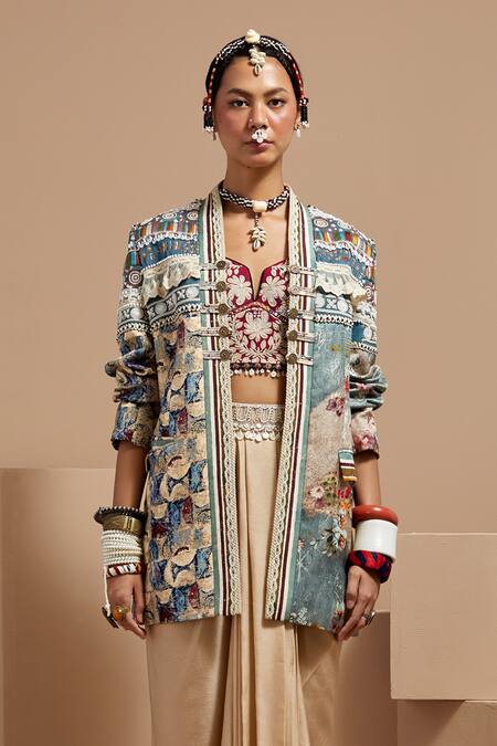 Shop Aseem Kapoor Multi Color Silk, Satin, Denim Beads, Tassels Open Resham Embroidered Jacket Set Online at Aza Fashions Shop_Aseem Kapoor_Multi Color Silk, Satin, Denim Beads, Tassels Open Resham Embroidered Jacket Set _Online_at_Aza_Fashions
