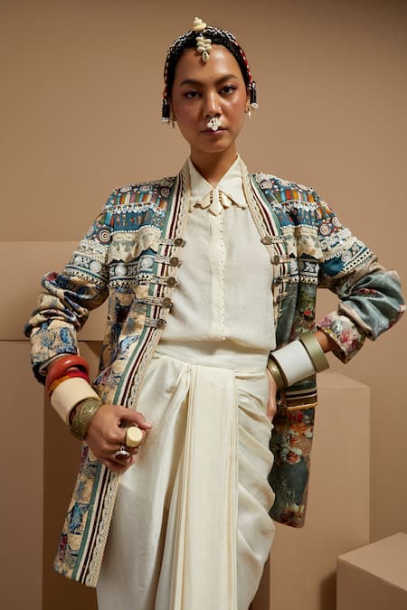 Aseem Kapoor Multi Color Silk Beads Open Neck, Collared Dhana Jacket Set Online at Aza Fashions Aseem Kapoor_Multi Color Silk Beads Open Neck, Collared Dhana Jacket Set _Online_at_Aza_Fashions