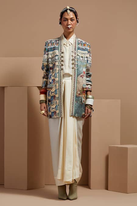 Shop Aseem Kapoor Multi Color Silk Beads Open Neck, Collared Dhana Jacket Set Online at Aza Fashions Shop_Aseem Kapoor_Multi Color Silk Beads Open Neck, Collared Dhana Jacket Set _Online_at_Aza_Fashions