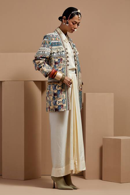 Aseem Kapoor Multi Color Silk Beads Open Neck, Collared Dhana Jacket Set at Aza Fashions Aseem Kapoor_Multi Color Silk Beads Open Neck, Collared Dhana Jacket Set _at_Aza_Fashions