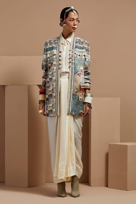 Buy Aseem Kapoor Multi Color Silk Beads Open Neck, Collared Dhana Jacket Set Buy_Aseem Kapoor_Multi Color Silk Beads Open Neck, Collared Dhana Jacket Set