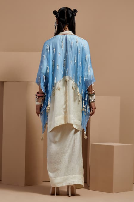 Shop Aseem Kapoor Blue Silk Embroidery, Tassels Round Neck Veni Dupatta Jacket at Aza Fashions Shop_Aseem Kapoor_Blue Silk Embroidery, Tassels Round Neck Veni Dupatta Jacket _at_Aza_Fashions