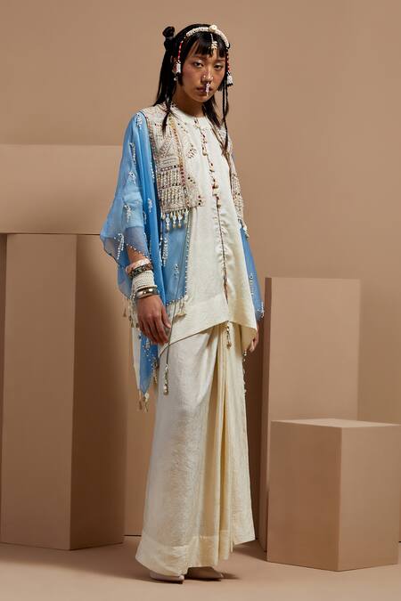 Aseem Kapoor Blue Silk Embroidery, Tassels Round Neck Veni Dupatta Jacket Online at Aza Fashions Aseem Kapoor_Blue Silk Embroidery, Tassels Round Neck Veni Dupatta Jacket _Online_at_Aza_Fashions