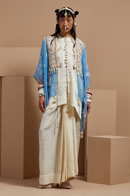 ASEEM KAPOOR Blue Silk Embroidery, Tassels Round Neck Veni Dupatta Jacket 