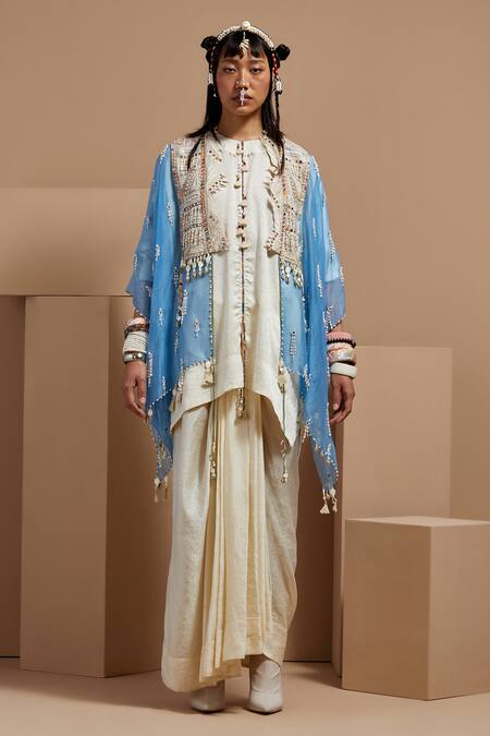 Shop Aseem Kapoor Blue Silk Embroidery, Tassels Round Neck Veni Dupatta Jacket Online at Aza Fashions Shop_Aseem Kapoor_Blue Silk Embroidery, Tassels Round Neck Veni Dupatta Jacket _Online_at_Aza_Fashions