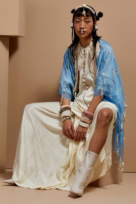 Aseem Kapoor Blue Silk Embroidery, Tassels Round Neck Veni Dupatta Jacket at Aza Fashions Aseem Kapoor_Blue Silk Embroidery, Tassels Round Neck Veni Dupatta Jacket _at_Aza_Fashions