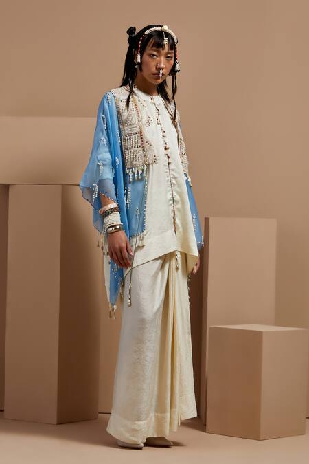 Aseem Kapoor Blue Silk, Crepe Tassels Round Neck Aasmani Mogra Jacket Kurta Set Online at Aza Fashions Aseem Kapoor_Blue Silk, Crepe Tassels Round Neck Aasmani Mogra Jacket Kurta Set _Online_at_Aza_Fashions