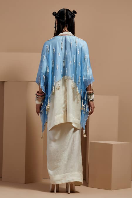 Shop Aseem Kapoor Blue Silk, Crepe Tassels Round Neck Aasmani Mogra Jacket Kurta Set at Aza Fashions Shop_Aseem Kapoor_Blue Silk, Crepe Tassels Round Neck Aasmani Mogra Jacket Kurta Set _at_Aza_Fashions