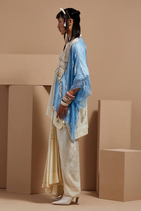 Buy Aseem Kapoor Blue Silk, Crepe Tassels Round Neck Aasmani Mogra Jacket Kurta Set Online at Aza Fashions Buy_Aseem Kapoor_Blue Silk, Crepe Tassels Round Neck Aasmani Mogra Jacket Kurta Set _Online_at_Aza_Fashions