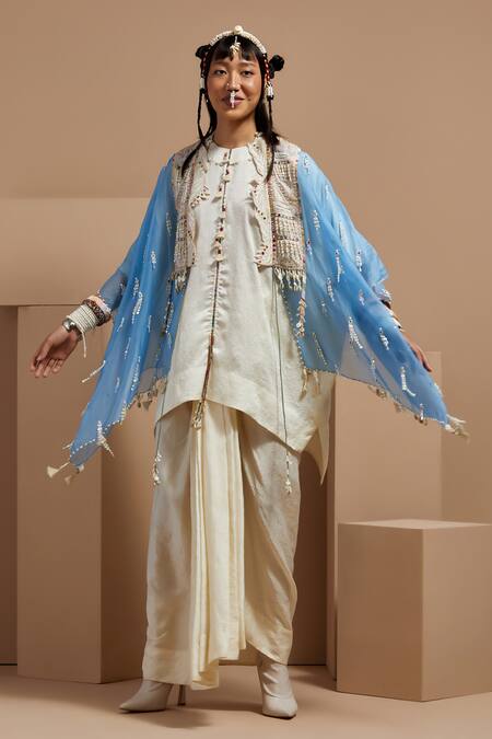 Shop Aseem Kapoor Blue Silk, Crepe Tassels Round Neck Aasmani Mogra Jacket Kurta Set Online at Aza Fashions Shop_Aseem Kapoor_Blue Silk, Crepe Tassels Round Neck Aasmani Mogra Jacket Kurta Set _Online_at_Aza_Fashions