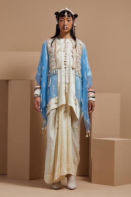 Aseem Kapoor Blue Silk, Crepe Tassels Round Neck Aasmani Mogra Jacket Kurta Set at Aza Fashions Aseem Kapoor_Blue Silk, Crepe Tassels Round Neck Aasmani Mogra Jacket Kurta Set _at_Aza_Fashions