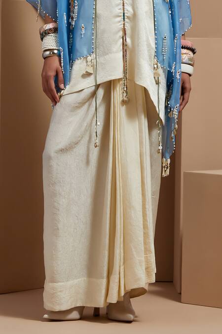 Buy Aseem Kapoor Blue Silk, Crepe Tassels Round Neck Aasmani Mogra Jacket Kurta Set Buy_Aseem Kapoor_Blue Silk, Crepe Tassels Round Neck Aasmani Mogra Jacket Kurta Set