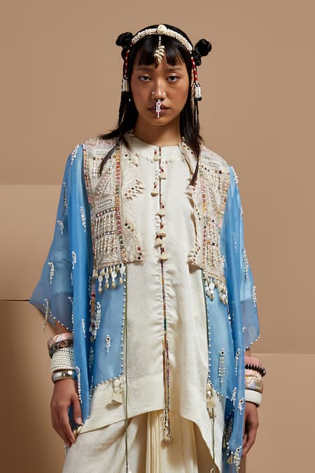 Shop Aseem Kapoor Blue Silk, Crepe Tassels Round Neck Aasmani Mogra Jacket Kurta Set Shop_Aseem Kapoor_Blue Silk, Crepe Tassels Round Neck Aasmani Mogra Jacket Kurta Set