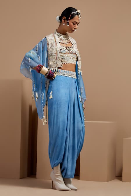 Aseem Kapoor Blue Silk, Net, Crepe Tassels, Embroidery, Beads Aasmani Veni Dupatta Jacket Set Online at Aza Fashions Aseem Kapoor_Blue Silk, Net, Crepe Tassels, Embroidery, Beads Aasmani Veni Dupatta Jacket Set _Online_at_Aza_Fashions