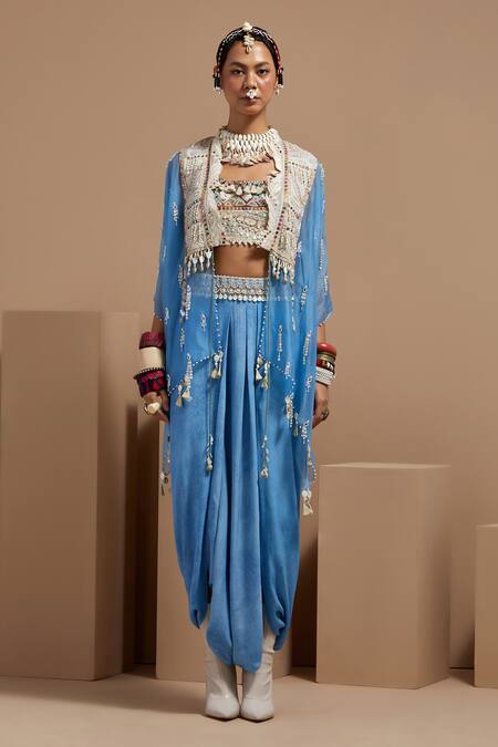 Buy Aseem Kapoor Blue Silk, Net, Crepe Tassels, Embroidery, Beads Aasmani Veni Dupatta Jacket Set Online at Aza Fashions Buy_Aseem Kapoor_Blue Silk, Net, Crepe Tassels, Embroidery, Beads Aasmani Veni Dupatta Jacket Set _Online_at_Aza_Fashions