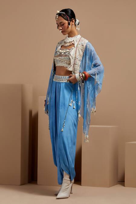 Shop Aseem Kapoor Blue Silk, Net, Crepe Tassels, Embroidery, Beads Aasmani Veni Dupatta Jacket Set Online at Aza Fashions Shop_Aseem Kapoor_Blue Silk, Net, Crepe Tassels, Embroidery, Beads Aasmani Veni Dupatta Jacket Set _Online_at_Aza_Fashions