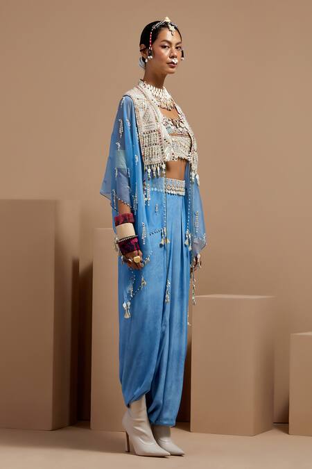 Aseem Kapoor Blue Silk, Net, Crepe Tassels, Embroidery, Beads Aasmani Veni Dupatta Jacket Set at Aza Fashions Aseem Kapoor_Blue Silk, Net, Crepe Tassels, Embroidery, Beads Aasmani Veni Dupatta Jacket Set _at_Aza_Fashions