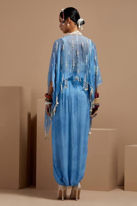 Shop Aseem Kapoor Blue Silk, Net, Crepe Tassels, Embroidery, Beads Aasmani Veni Dupatta Jacket Set at Aza Fashions Shop_Aseem Kapoor_Blue Silk, Net, Crepe Tassels, Embroidery, Beads Aasmani Veni Dupatta Jacket Set _at_Aza_Fashions