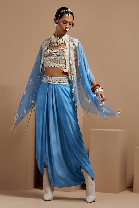 Buy Aseem Kapoor Blue Silk, Net, Crepe Tassels, Embroidery, Beads Aasmani Veni Dupatta Jacket Set Buy_Aseem Kapoor_Blue Silk, Net, Crepe Tassels, Embroidery, Beads Aasmani Veni Dupatta Jacket Set