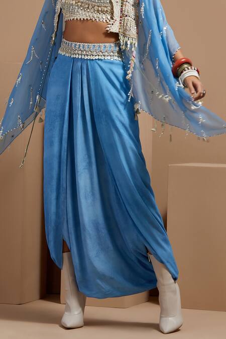 Shop Aseem Kapoor Blue Silk, Net, Crepe Tassels, Embroidery, Beads Aasmani Veni Dupatta Jacket Set Shop_Aseem Kapoor_Blue Silk, Net, Crepe Tassels, Embroidery, Beads Aasmani Veni Dupatta Jacket Set