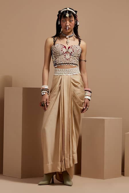 ASEEM KAPOOR Multi Color Silk Beads, Tassels Sweetheart Neck Chandra Corset Blouse Set 