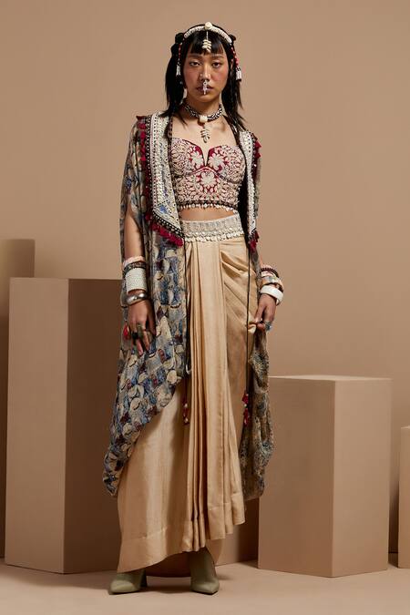 Aseem Kapoor Multi Color Silk, Crepe Beads, Tassels Open Neck, Resham Embroidered Jacket Set Online at Aza Fashions Aseem Kapoor_Multi Color Silk, Crepe Beads, Tassels Open Neck, Resham Embroidered Jacket Set _Online_at_Aza_Fashions