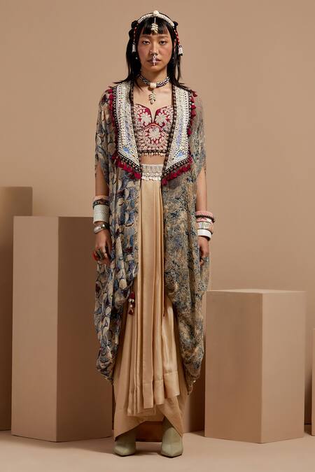 Buy Aseem Kapoor Multi Color Silk, Crepe Beads, Tassels Open Neck, Resham Embroidered Jacket Set Online at Aza Fashions Buy_Aseem Kapoor_Multi Color Silk, Crepe Beads, Tassels Open Neck, Resham Embroidered Jacket Set _Online_at_Aza_Fashions