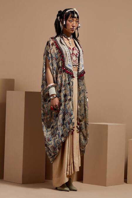 Shop Aseem Kapoor Multi Color Silk, Crepe Beads, Tassels Open Neck, Resham Embroidered Jacket Set Online at Aza Fashions Shop_Aseem Kapoor_Multi Color Silk, Crepe Beads, Tassels Open Neck, Resham Embroidered Jacket Set _Online_at_Aza_Fashions