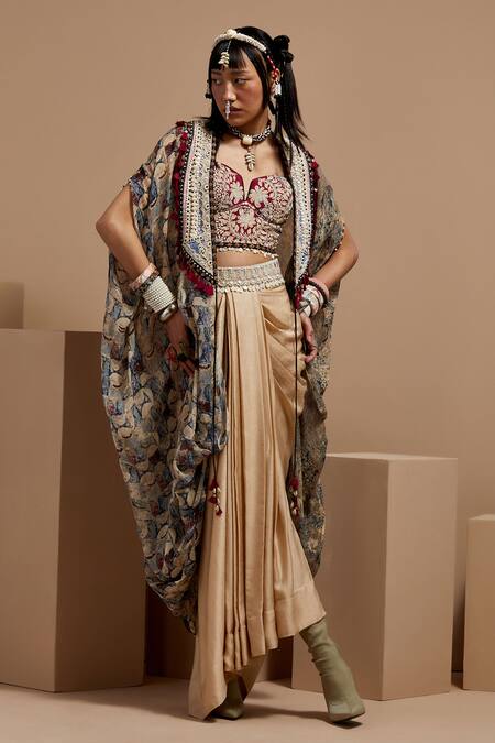 Aseem Kapoor Multi Color Silk, Crepe Beads, Tassels Open Neck, Resham Embroidered Jacket Set at Aza Fashions Aseem Kapoor_Multi Color Silk, Crepe Beads, Tassels Open Neck, Resham Embroidered Jacket Set _at_Aza_Fashions
